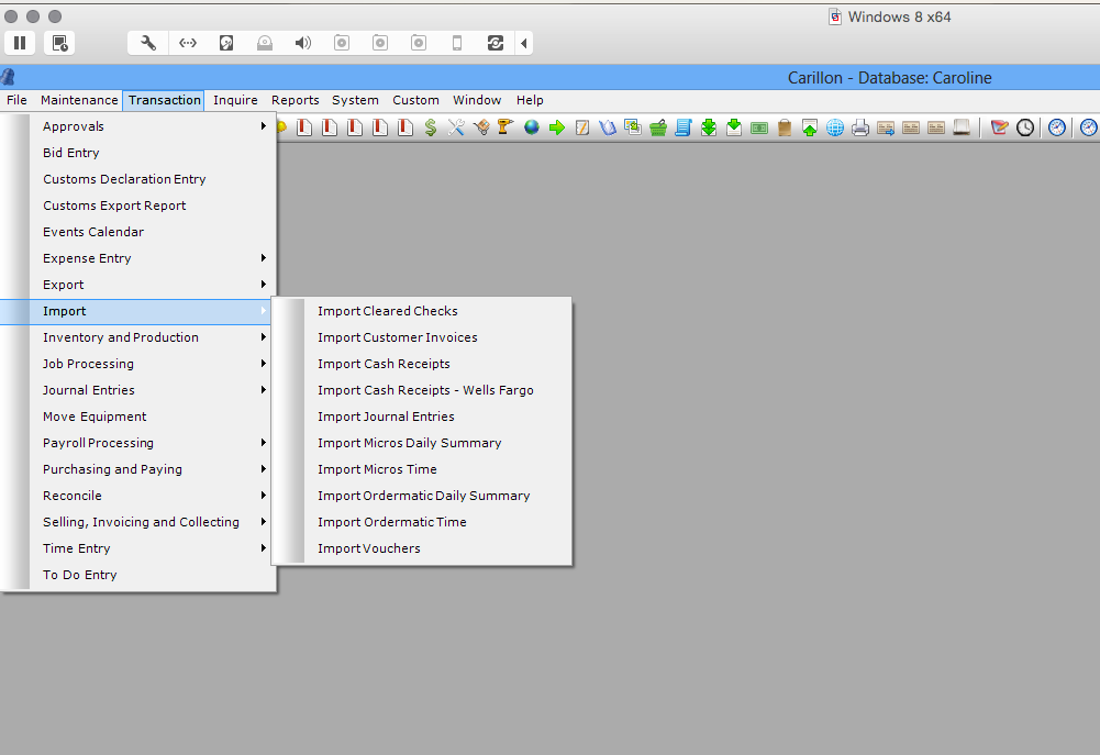MICROS import screen in Carillon ERP